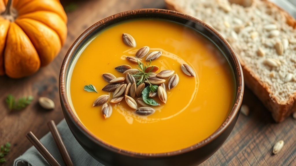 Creamy Pumpkin Soup Recipe A bowl of creamy pumpkin soup garnished with seeds and herbs, on a rustic table with bread.